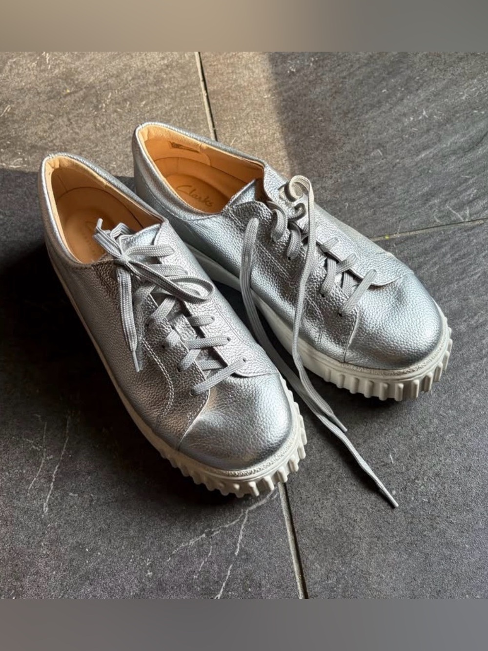 clarks silver leather sneakers